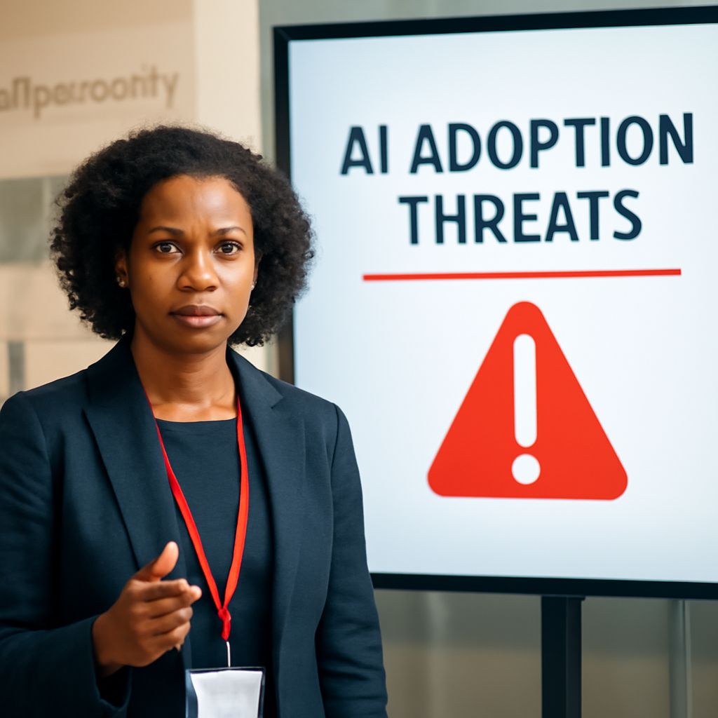 Security expert standing in front of large screen display in a conference setting.