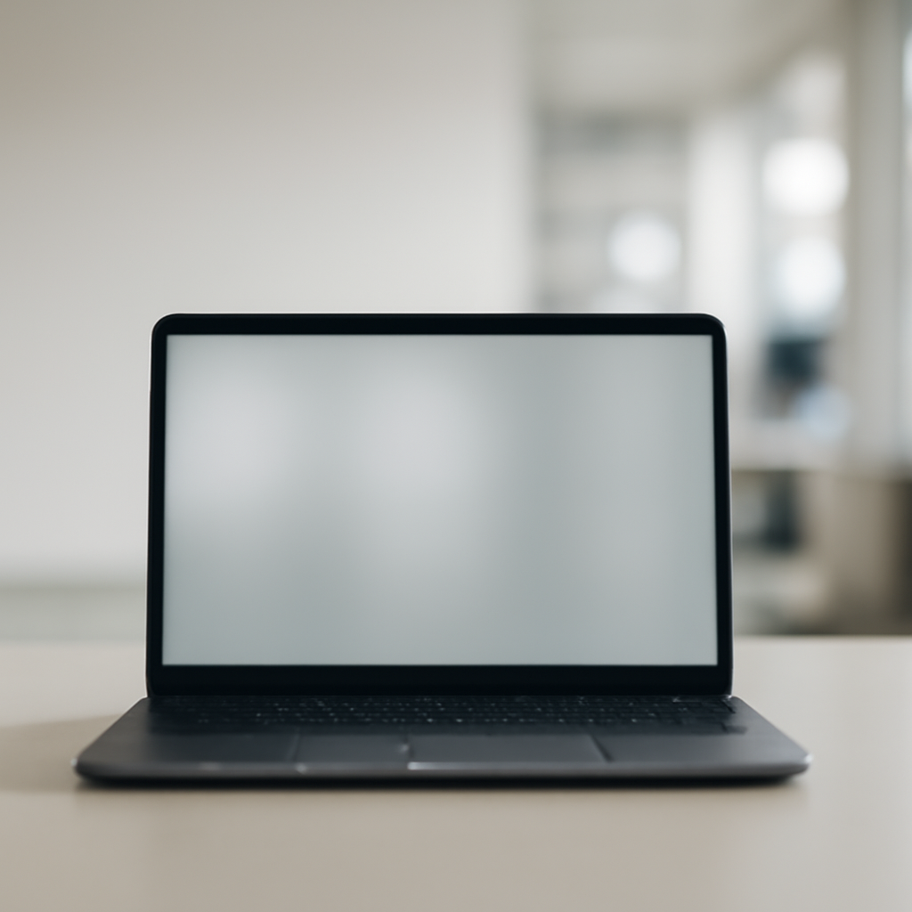 Laptop on a desk in a modern office with a blurred screen and subtle shadow.