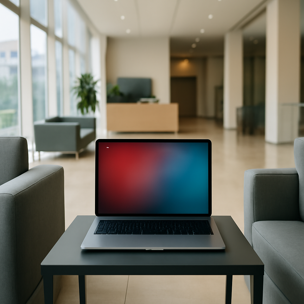 A laptop sits open on a low table in a modern corporate office lobby.