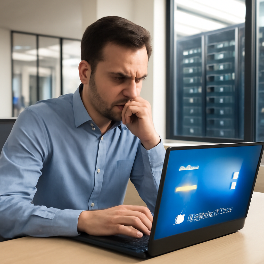 IT professional looks concerned at laptop screen displaying Windows interface.