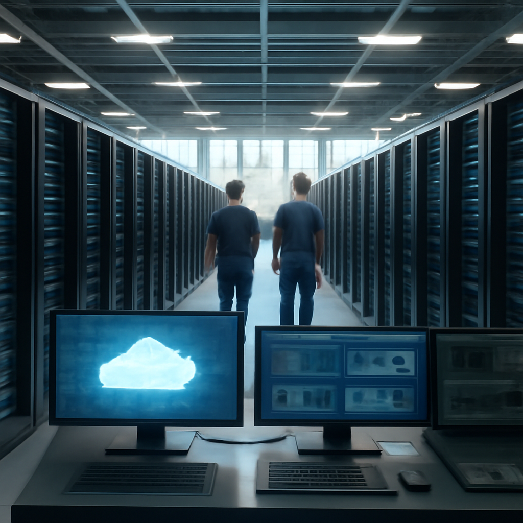 Rows of server racks in a cloud data center with technicians and control panels nearby.