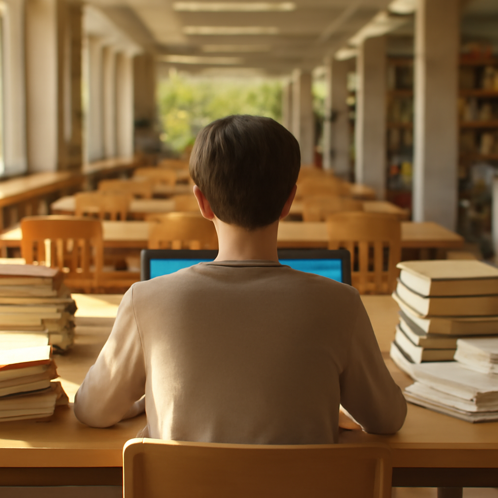 Person studying at laptop in library with books and papers nearby.