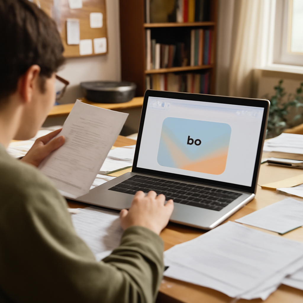 Person examines paper in cluttered home office, laptop and browser window in background.