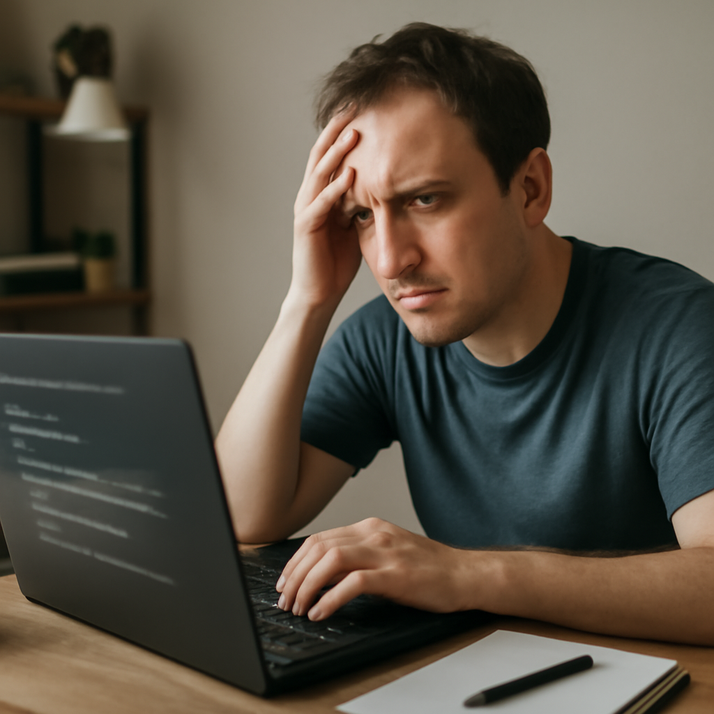 Person working on laptop with blurred screen in home office setting.