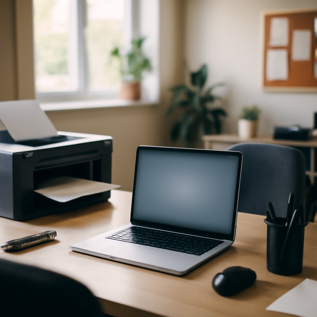 Blurred laptop screen at a workstation in a brightly-lit office setting with ordinary equipment and decor.