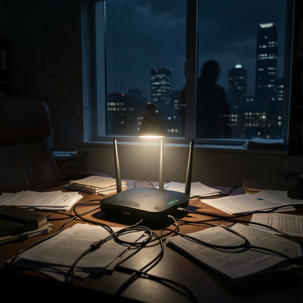 A cluttered desk with a flickering router surrounded by tangled cords and papers in a dimly lit office setting with a…