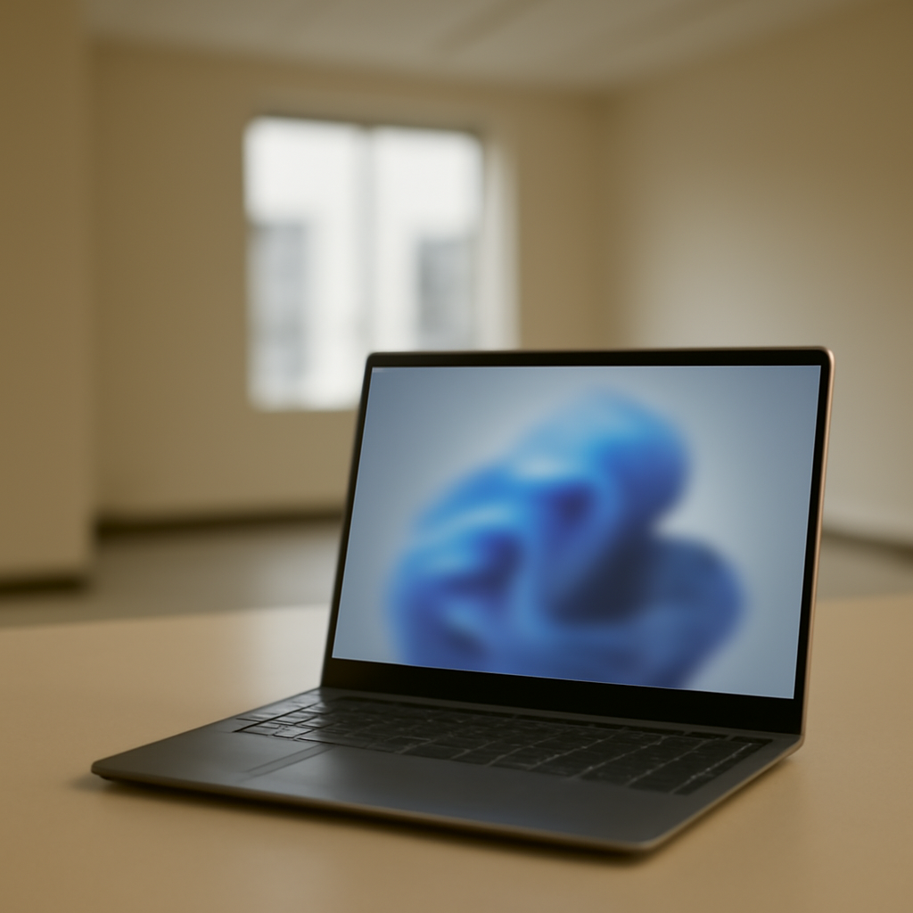 A Windows 11 laptop sits on a neutral-colored desk in a softly lit office space.