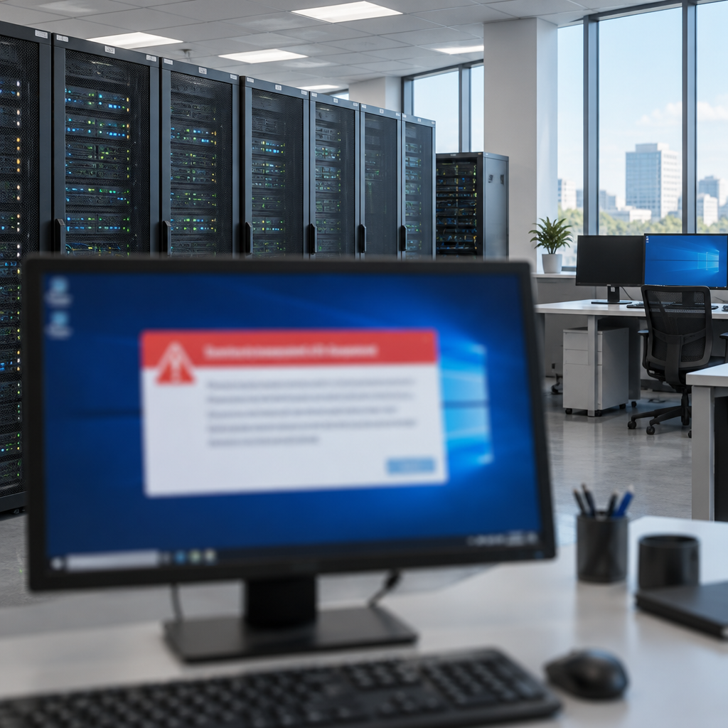 Blurred support expiration alert on a computer screen in a well-lit corporate IT room with server racks and desks.