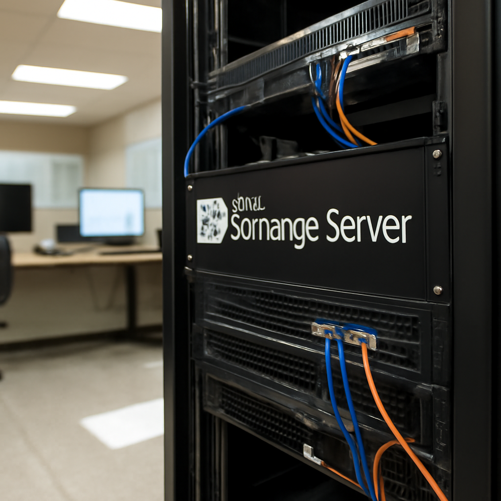 Rack-mounted servers and network equipment in a dimly lit server room.
