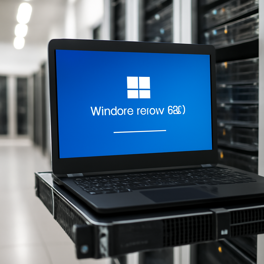 Windows Server 2022 installation on a server rack in a brightly-lit data center with standard equipment.