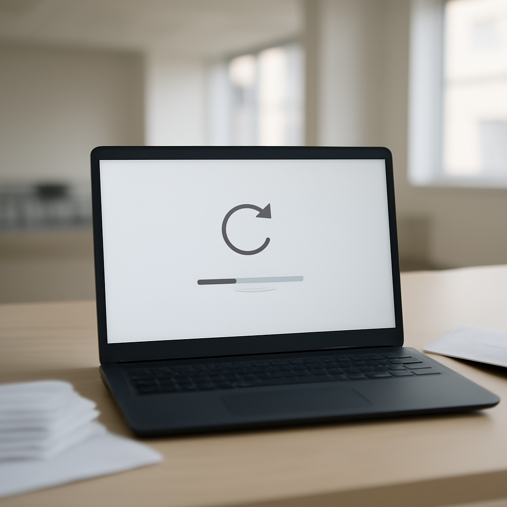 Windows 11 laptop screen on a desk with a generic update notification and scattered papers.