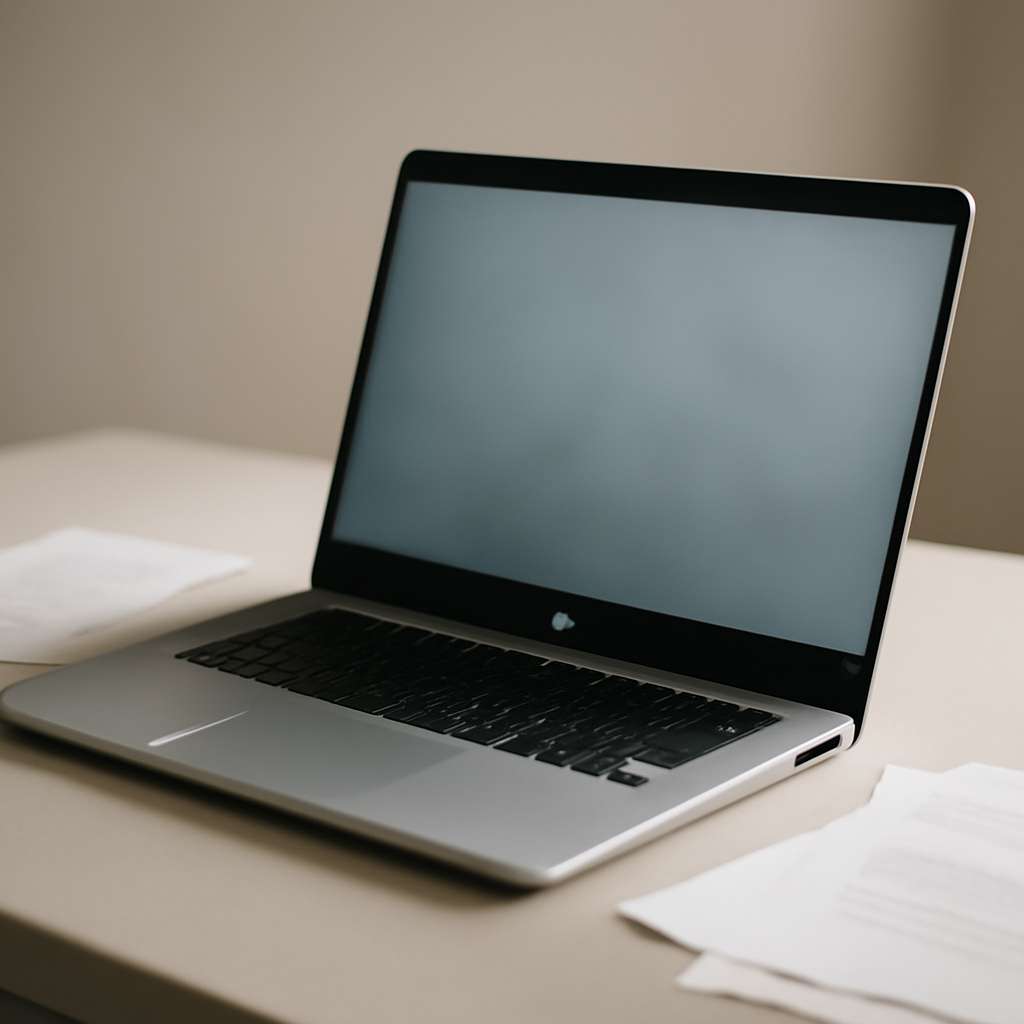 Windows laptop on a desk with a blurred, empty screen and scattered papers.
