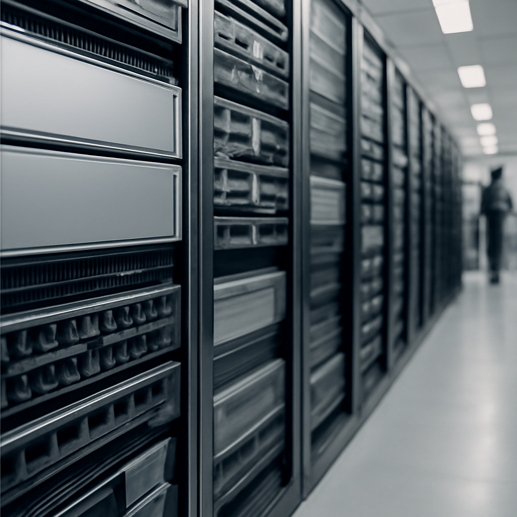 Rows of rack-mounted servers and storage systems in a softly lit data center.