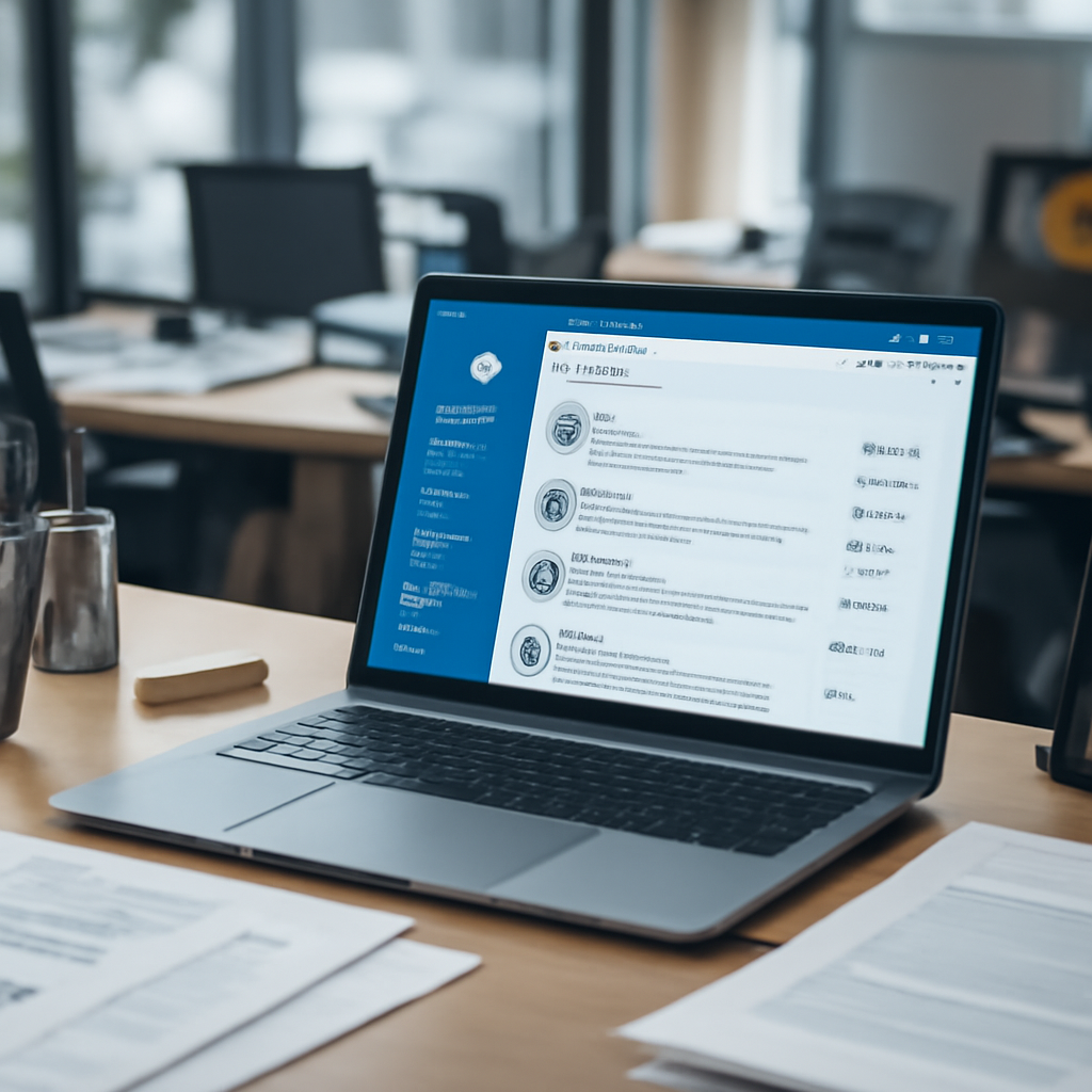 Brightly-lit office workstation with laptop showing social media interface.