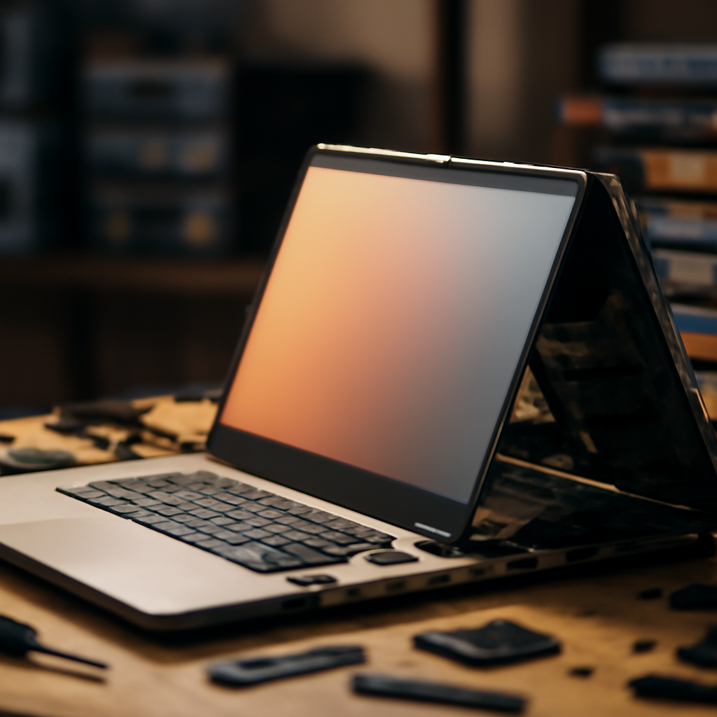 Laptop screen and internal components on a cluttered desk in a dimly lit room.