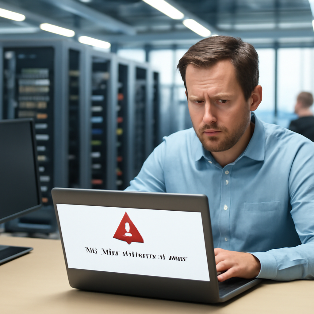 Systems administrator looks concerned at laptop screen displaying browser warning message.