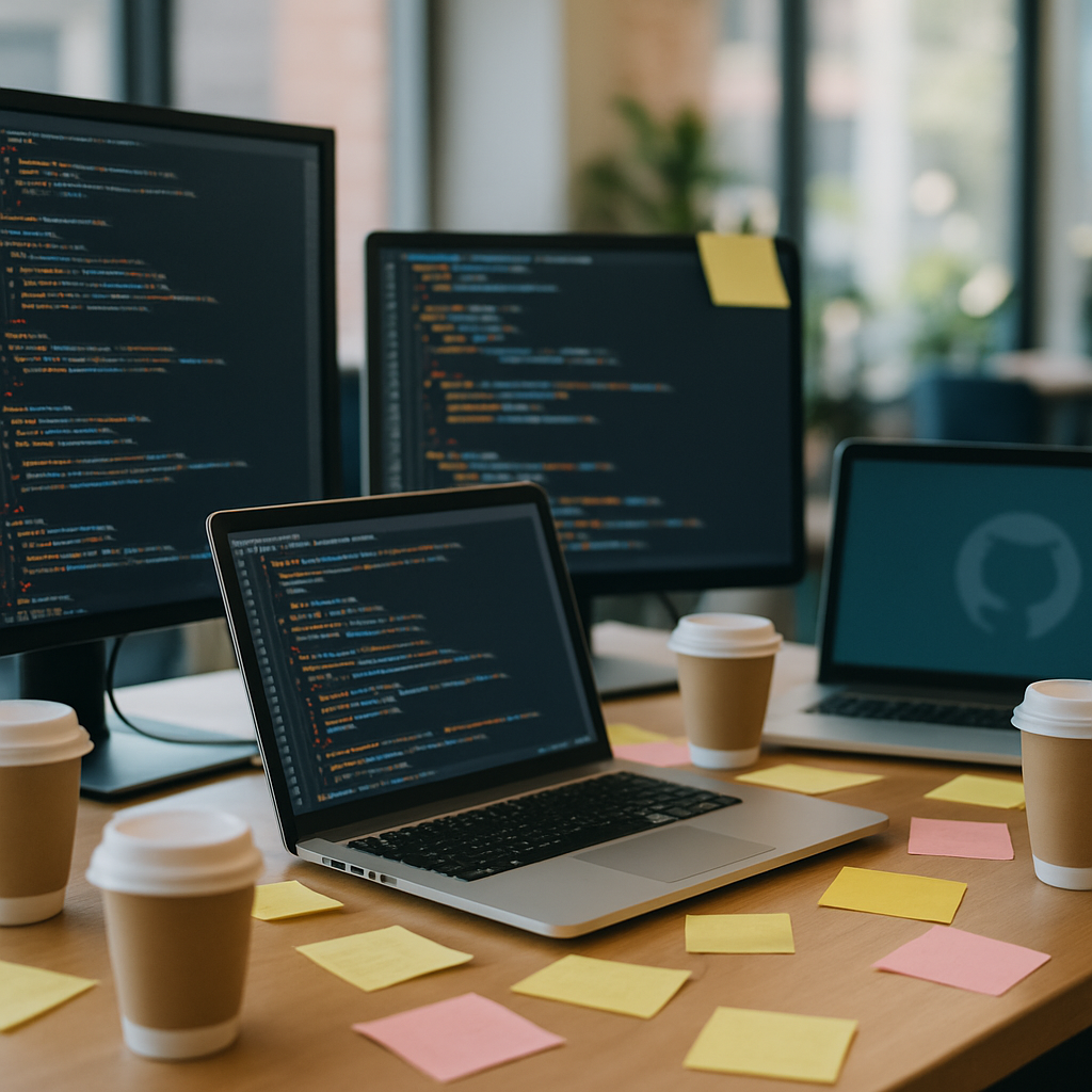 Cluttered developer's workspace with laptop, monitors, and notes, hint of GitHub logo on screen.