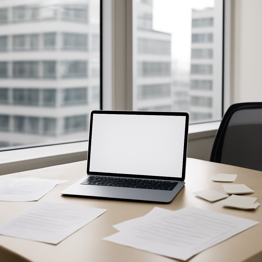 Empty office workspace with laptop, papers, and city view, conveying shared responsibility.