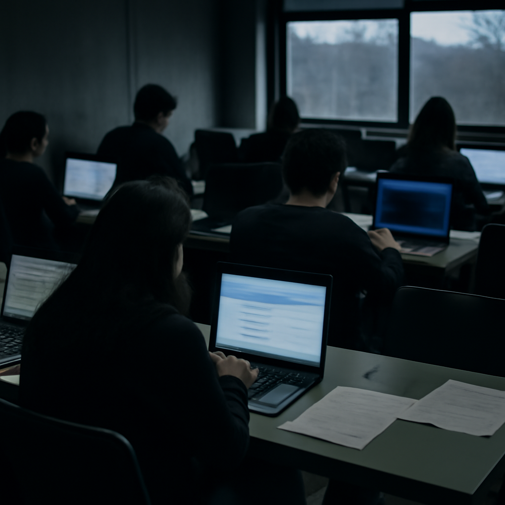 Students work on laptops in a dimly lit university computer lab with scattered papers and blurred screens.