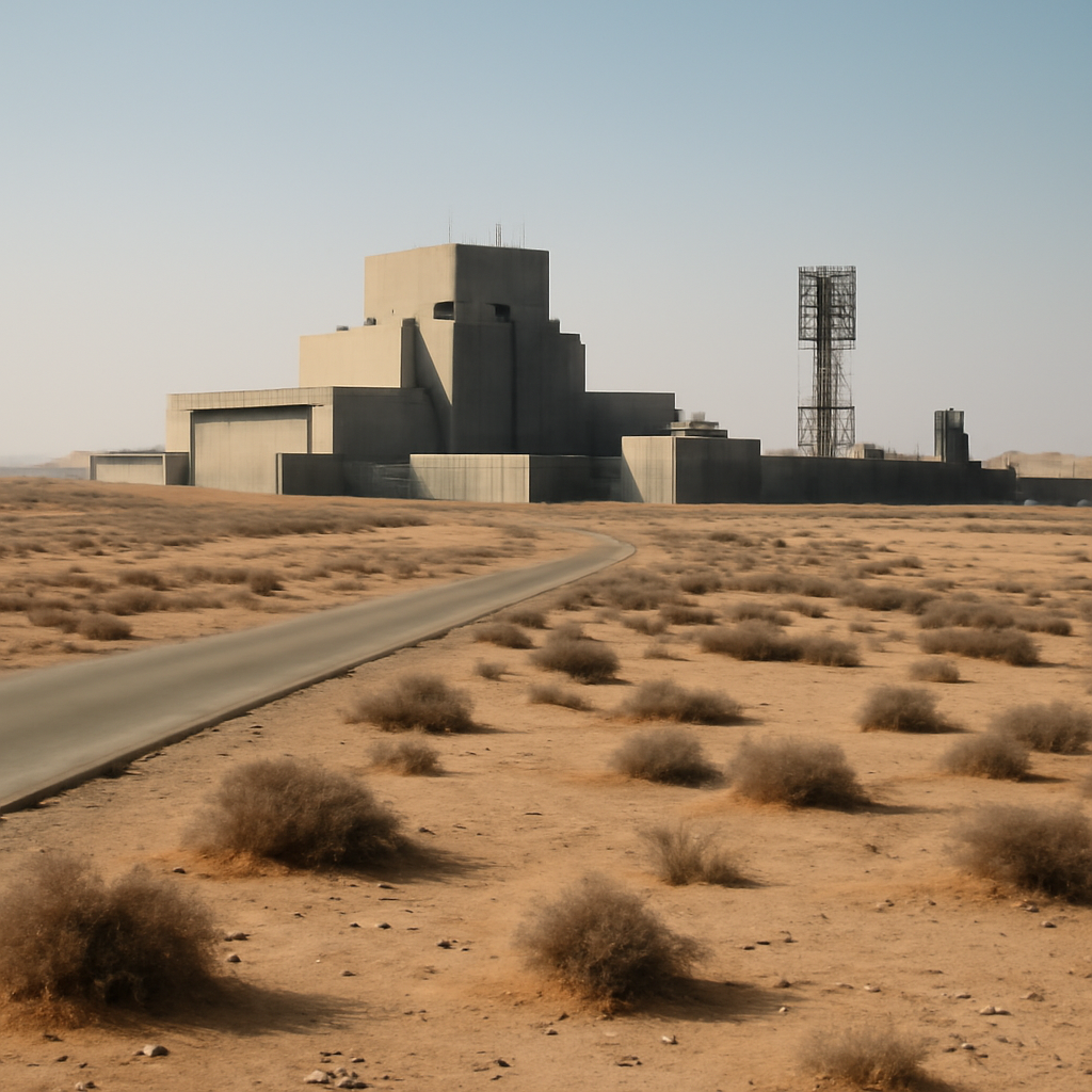 Modern military facility in arid landscape with sleek architecture under clear sky.