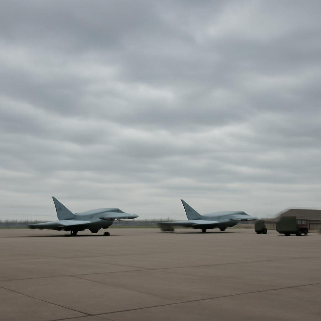 Military aircraft parked on a tarmac with service vehicles nearby under a cloudy sky.