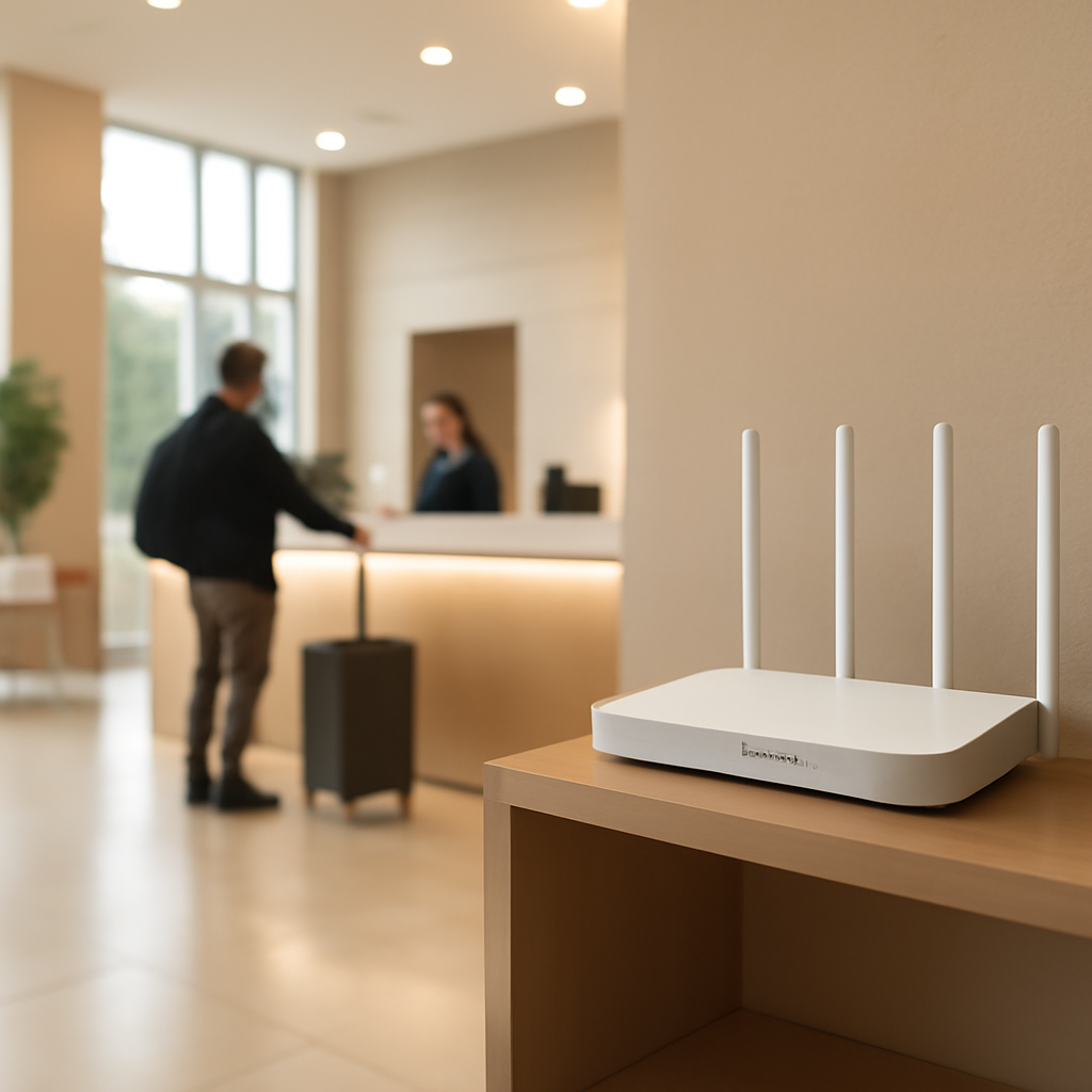 Hotel lobby with guest checking in at reception desk near public Wi-Fi access point.