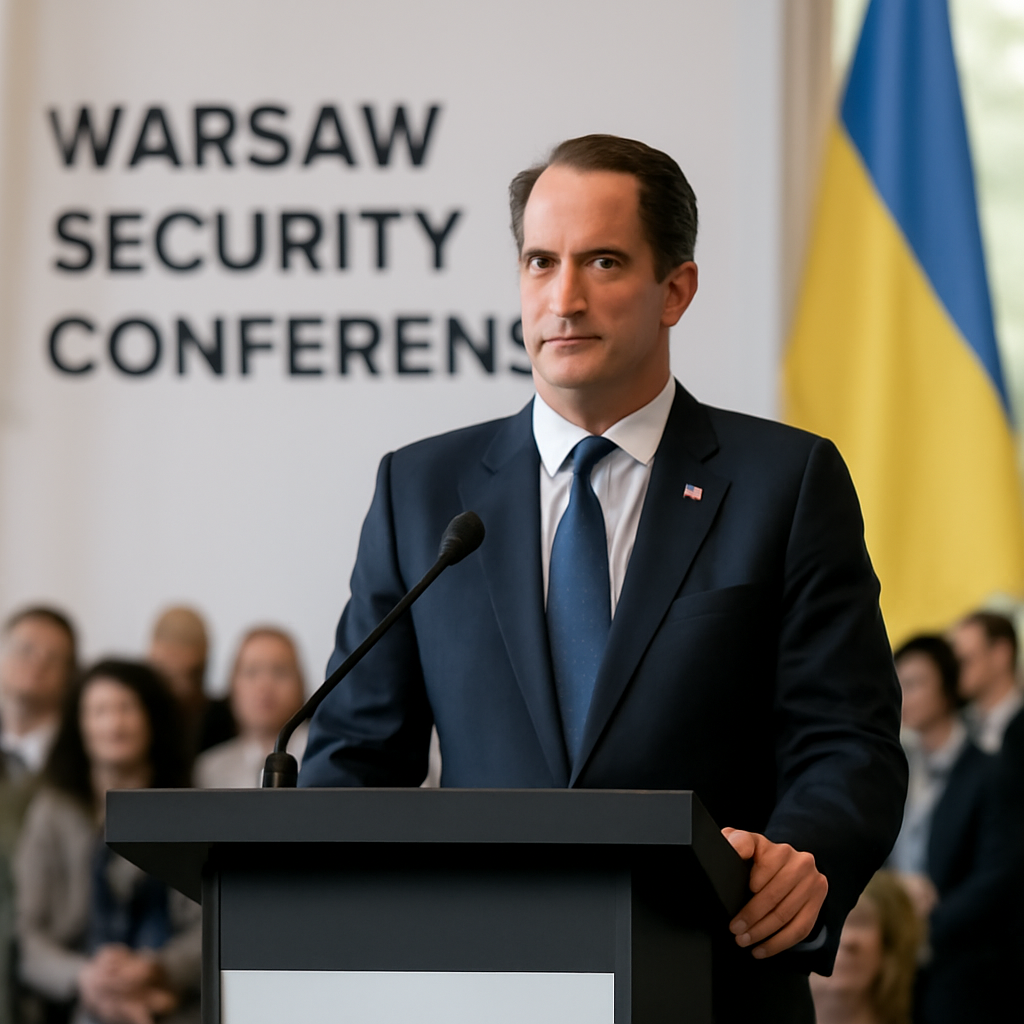 Rep. Jim Himes speaks at the Warsaw Security Conference with a Ukrainian flag in the background.