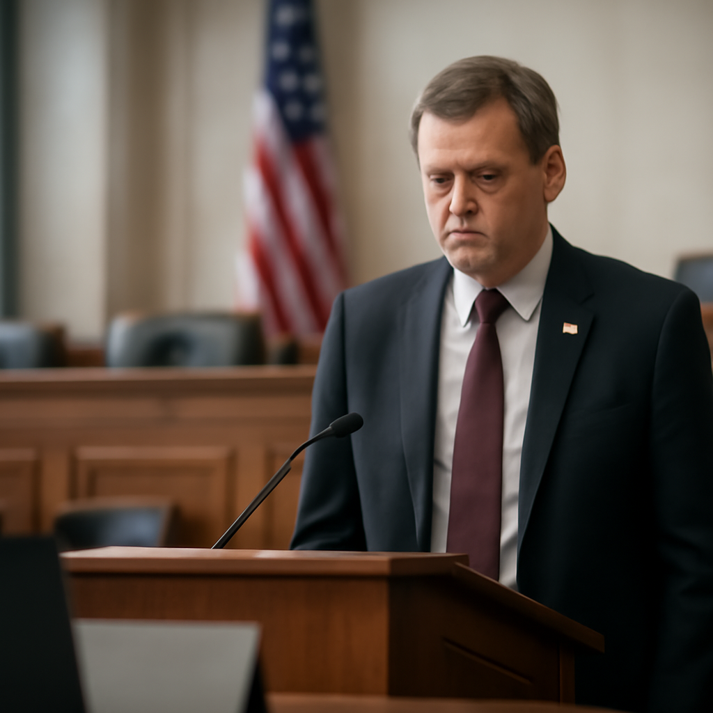 Congress member stands at podium with somber expression, US flag in background.