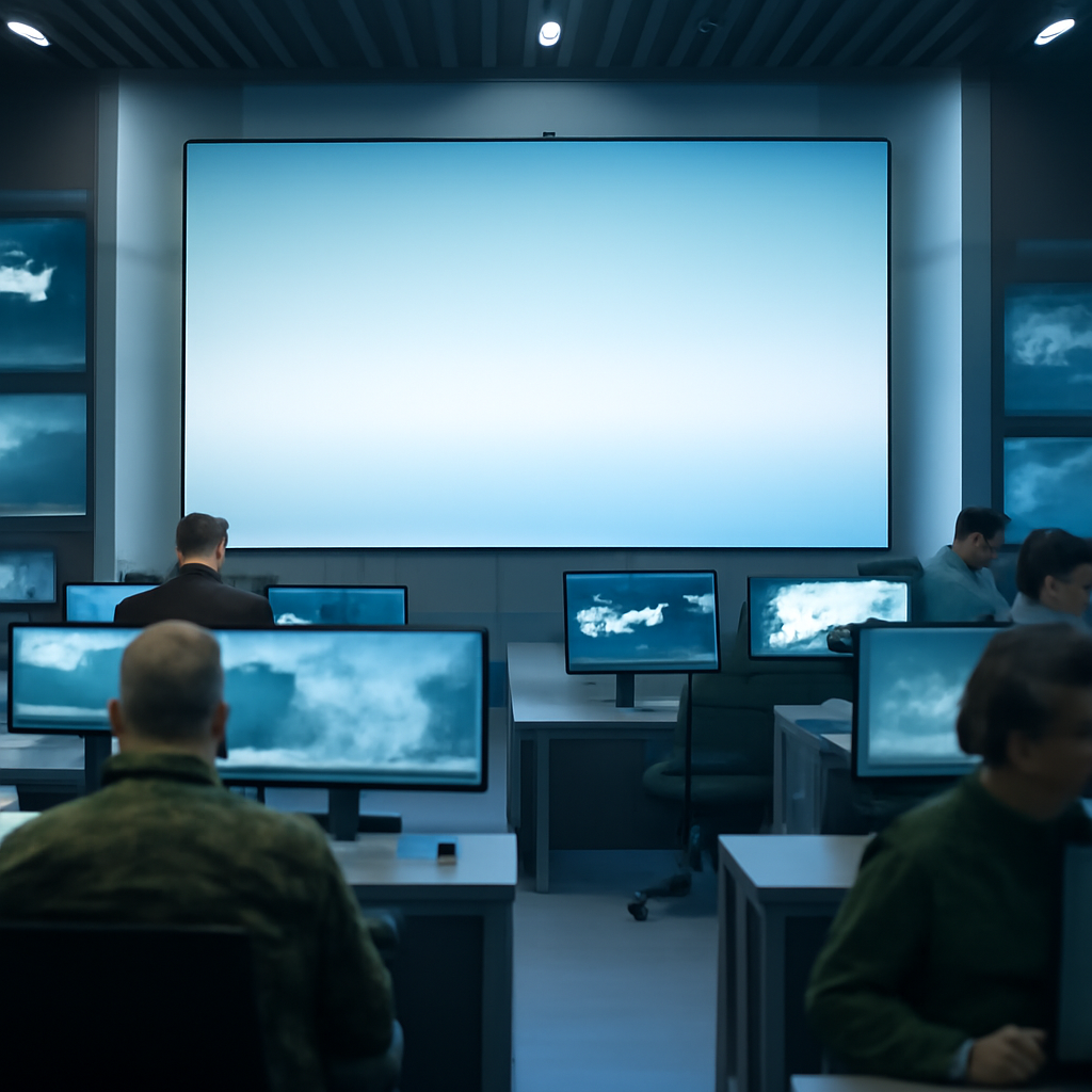 Secure military operations center with autonomous systems and screens displaying data.