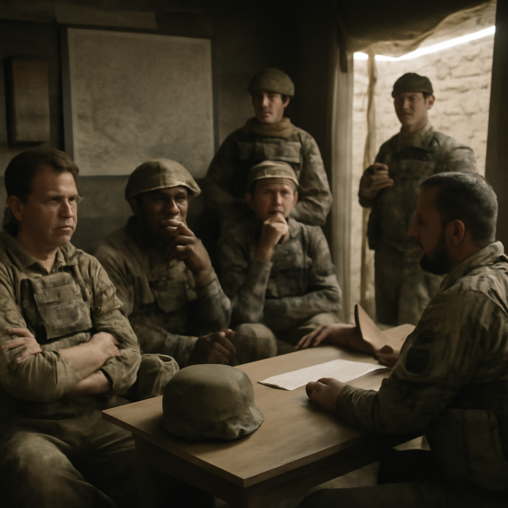 Soldiers from different units gather in a fortified briefing room with serious and contemplative expressions.