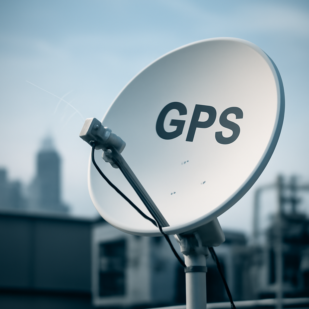 Close-up of a GPS satellite dish pointing towards the sky with signal transmission lines and technical equipment in the…