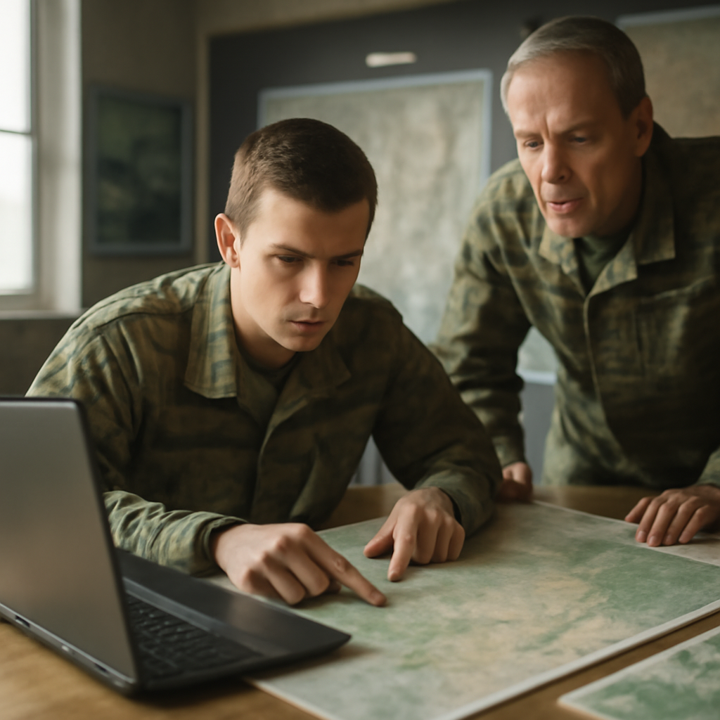 Military officers study maps and use a laptop in a well-lit operations center.