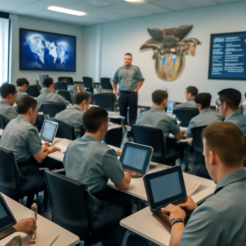 West Point cadets in a modern lecture hall with technology, interacting with devices and an instructor at the front.