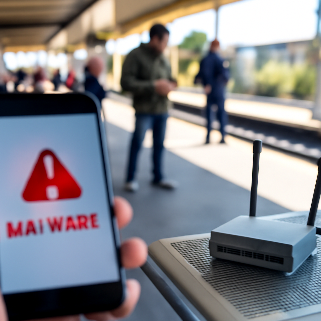 Smartphone on a city transit platform with blurred screen and abstract cyber threat representation.