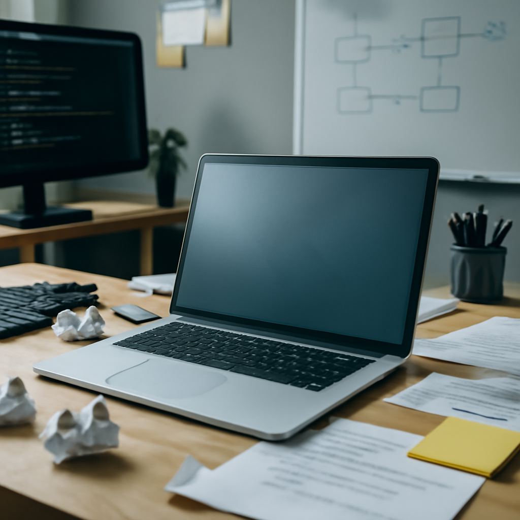 Cluttered tech workspace with laptop and development tools on a desk.