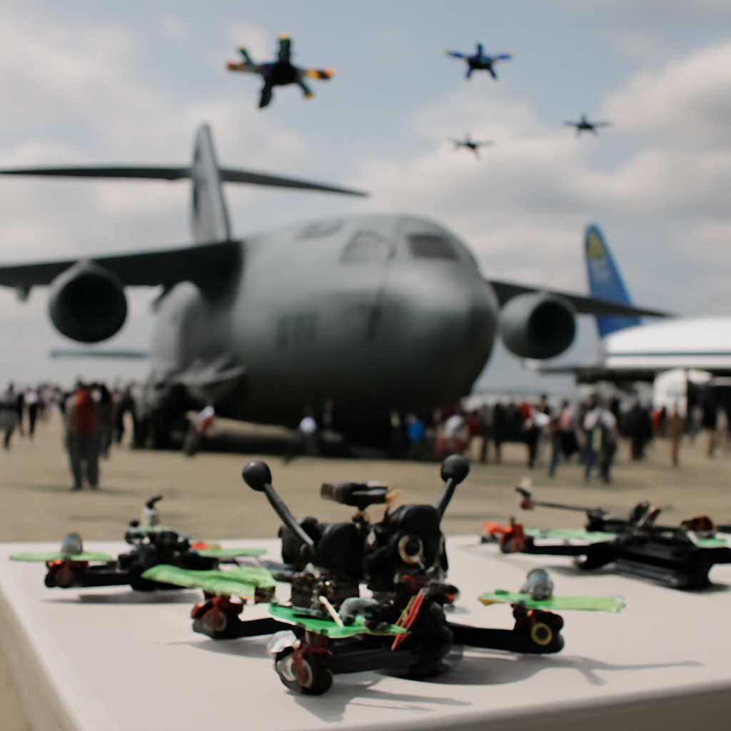 Drones and aircraft on display at an airshow with attendees in the background.