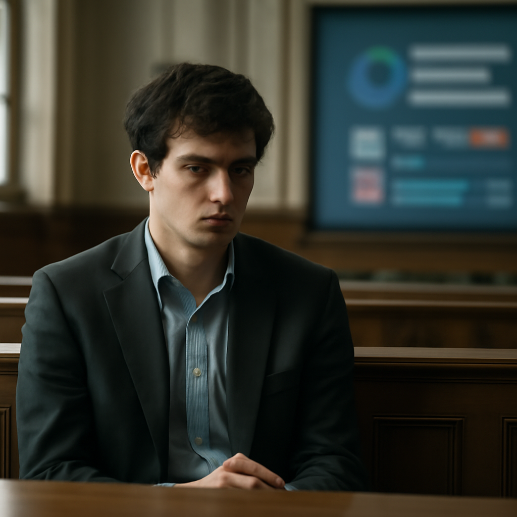 Young man with somber expression sits in federal courtroom surrounded by institutional architecture.