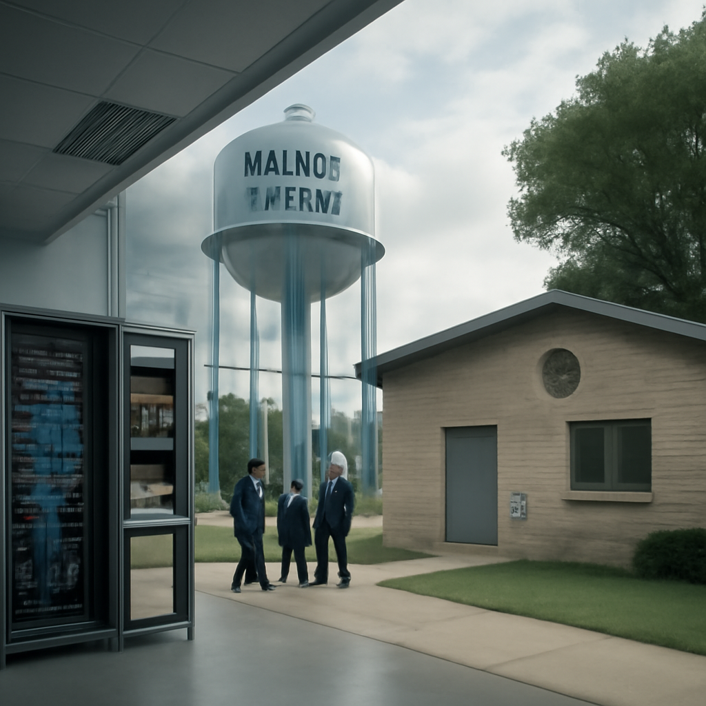 Municipal water treatment plant in a Midwestern town with subtle digital infrastructure.