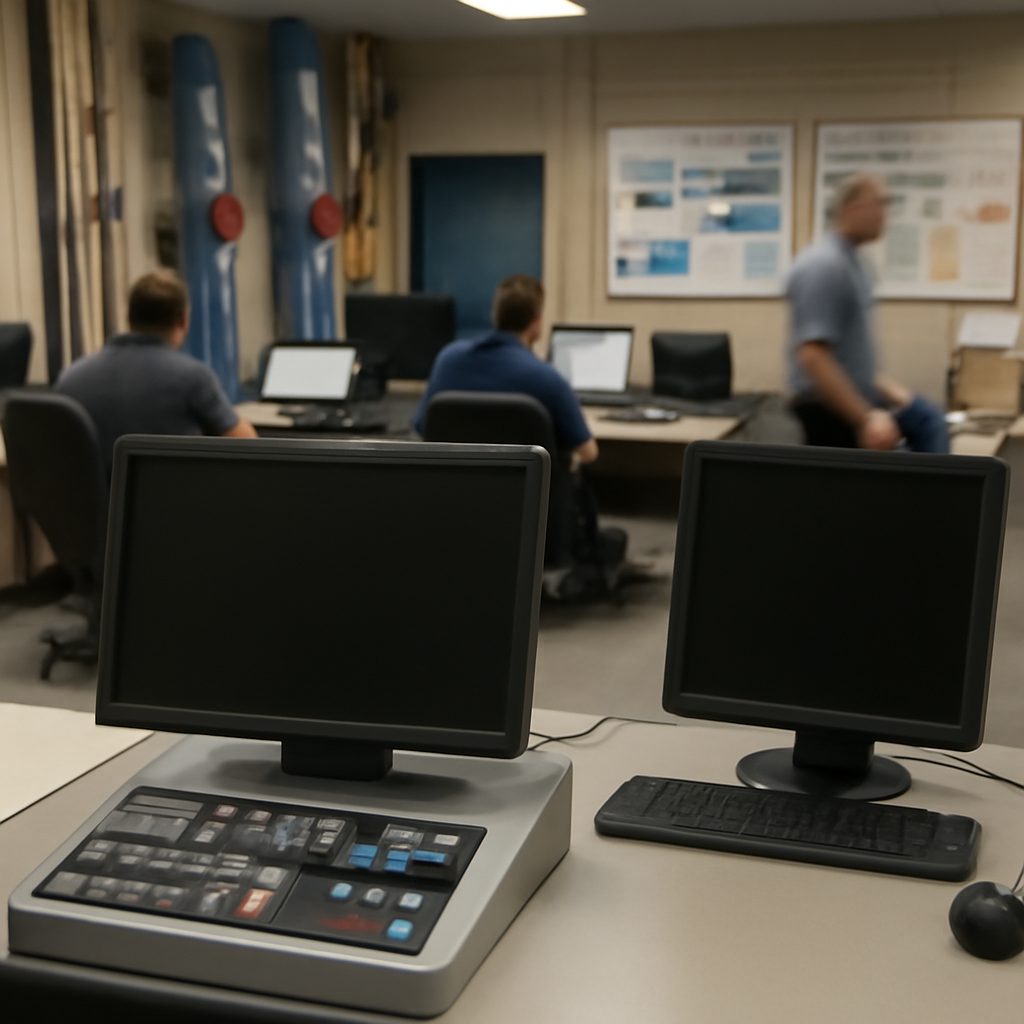 Control room of a municipal water treatment plant with industrial and administrative equipment.