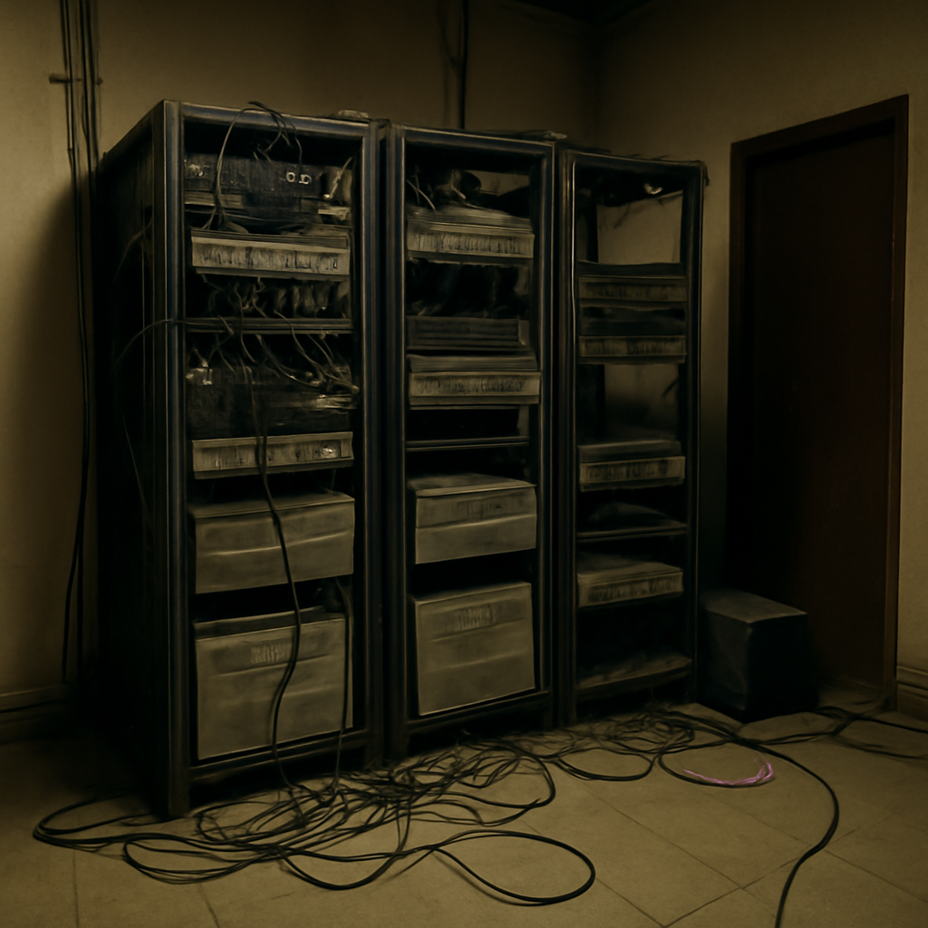 Dimly lit server room with rows of computer servers and networking equipment.