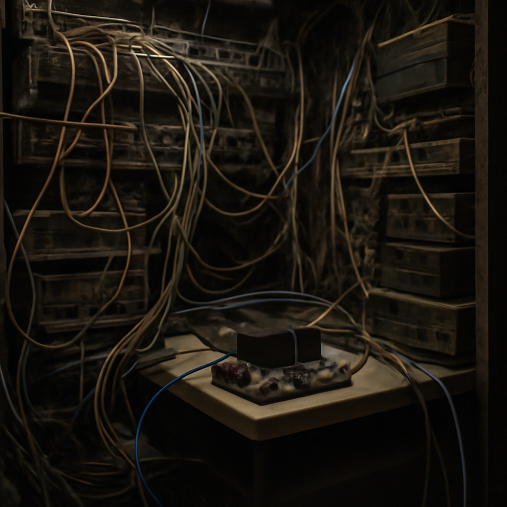 Cluttered network closet with tangled cables and a single computer on a shelf.
