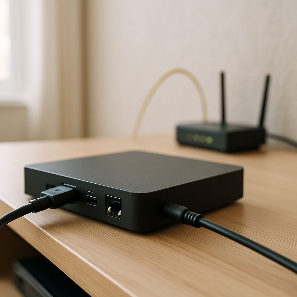 Smart TV on an entertainment center with visible ports and cables, hinting at a network connection.