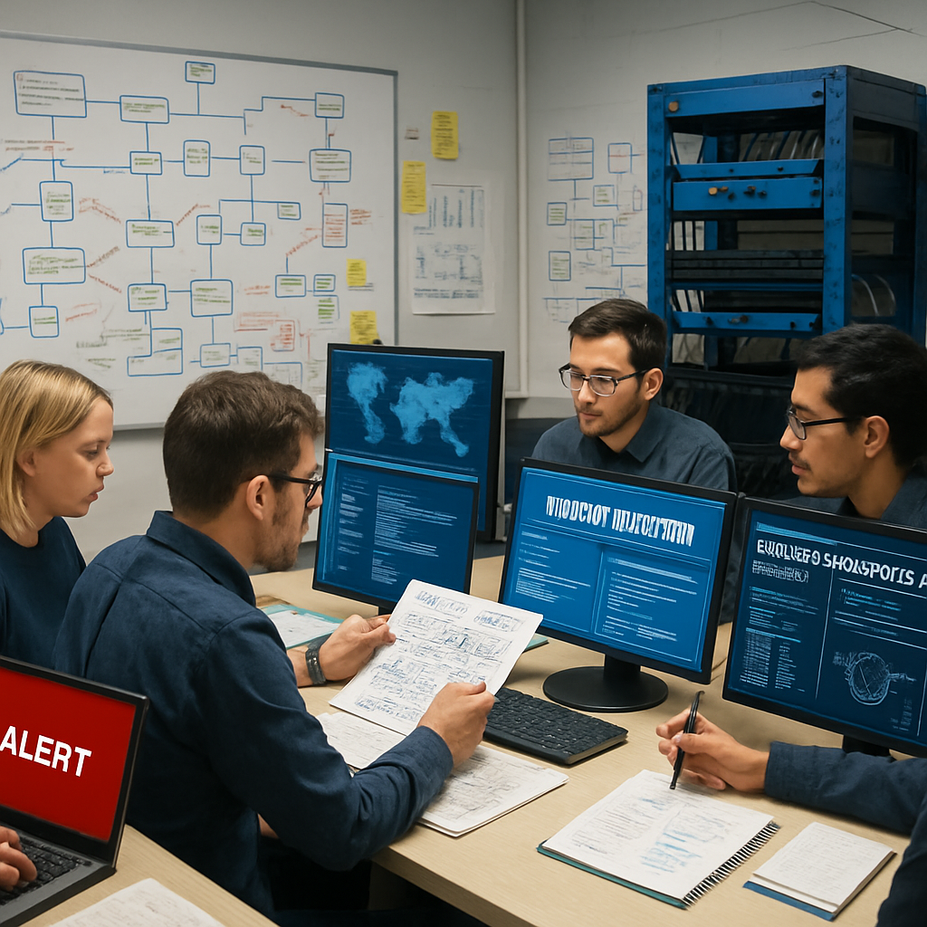Security analysts work at a conference table in a brightly-lit operations center with computer screens and network equipment.