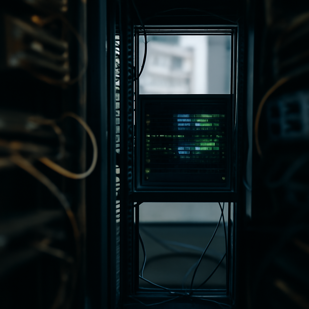 Brightly-lit server stands out in dimly lit data center with blurred equipment and cityscape visible through a window.