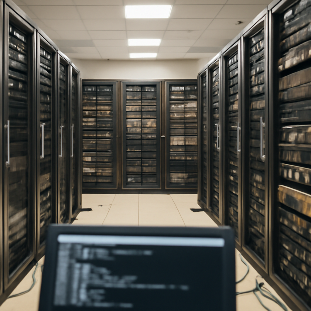 Rows of computer servers and storage devices in a brightly-lit data center with cables on the floor and a blurred console…