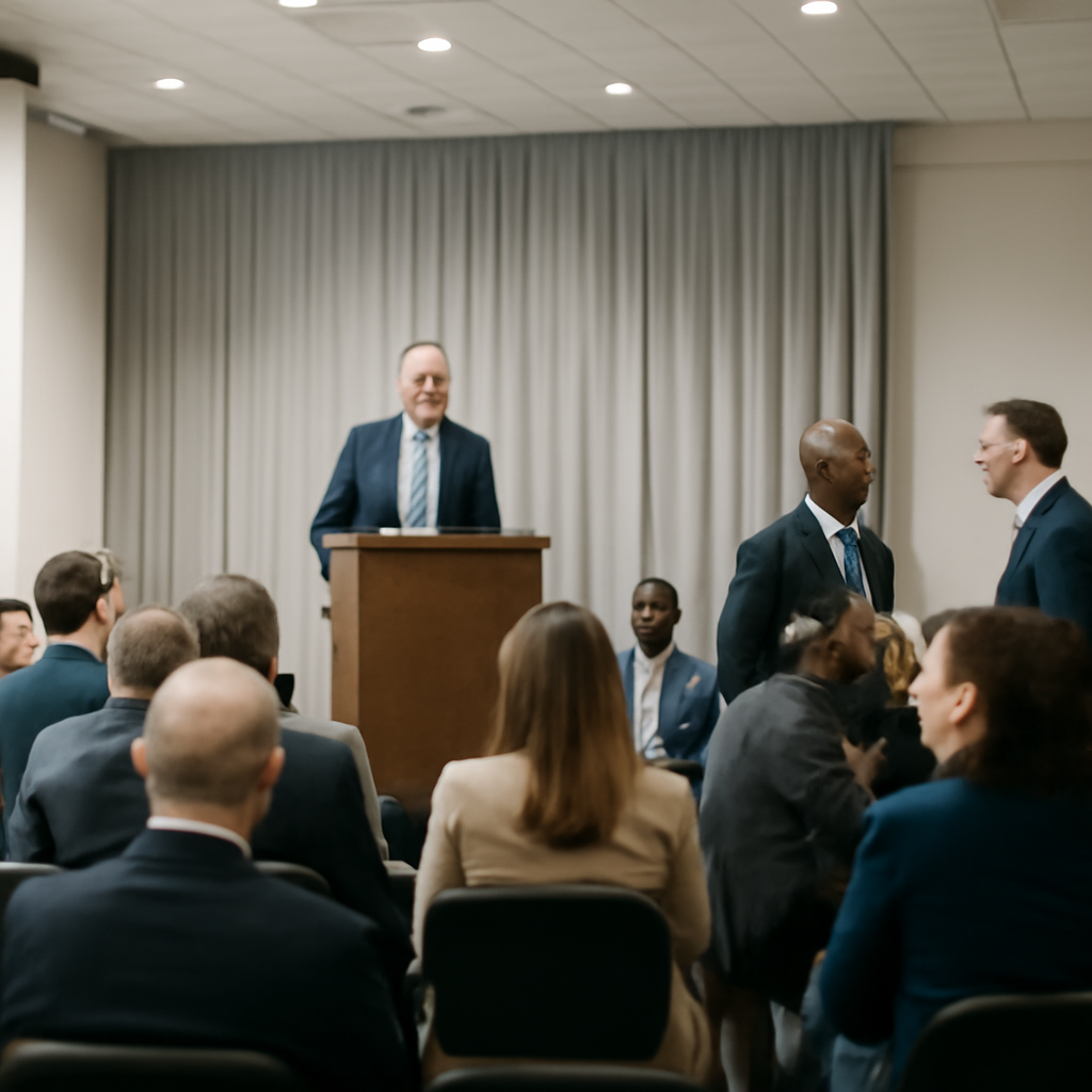 A large conference room with a podium and attendees seated around it.