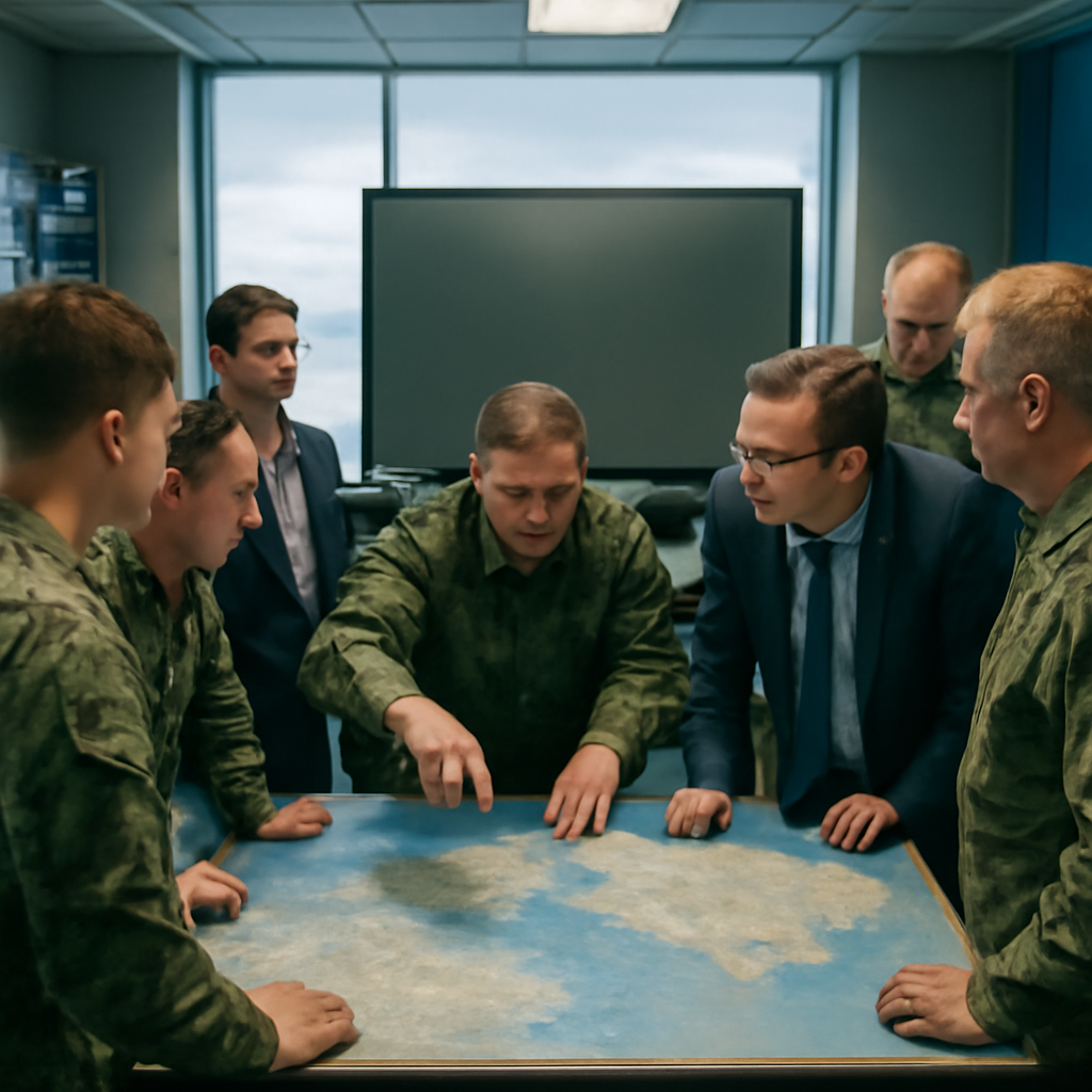 Military personnel and advisors gather around a tactical display in a command room with a large window showing a clear sky.