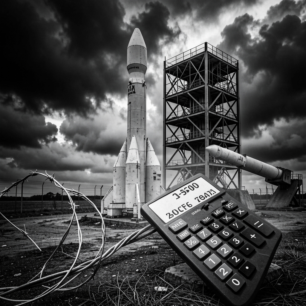 Partially built missile defense system with giant price tag, ominous clouds, and broken wire.