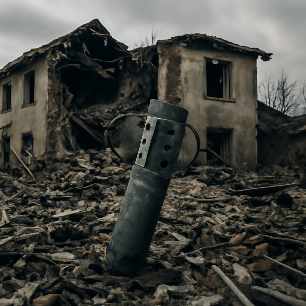 Damaged building with missile fragment amidst debris under a cloudy sky.