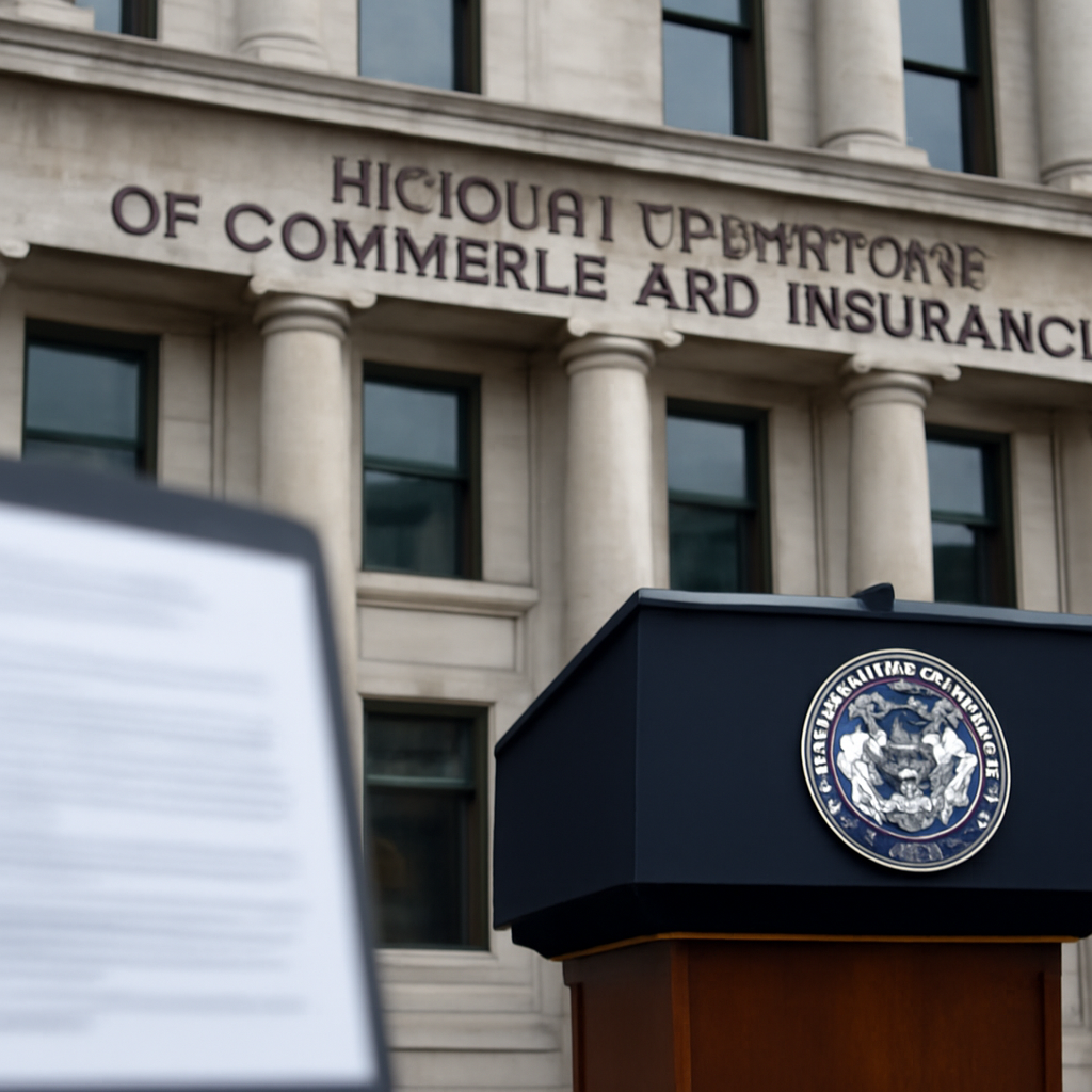Government building with podium and state emblem, foreground shows blurred computer screen, suggesting official…